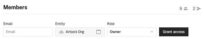 The user invitation menu on the Organization settings page.